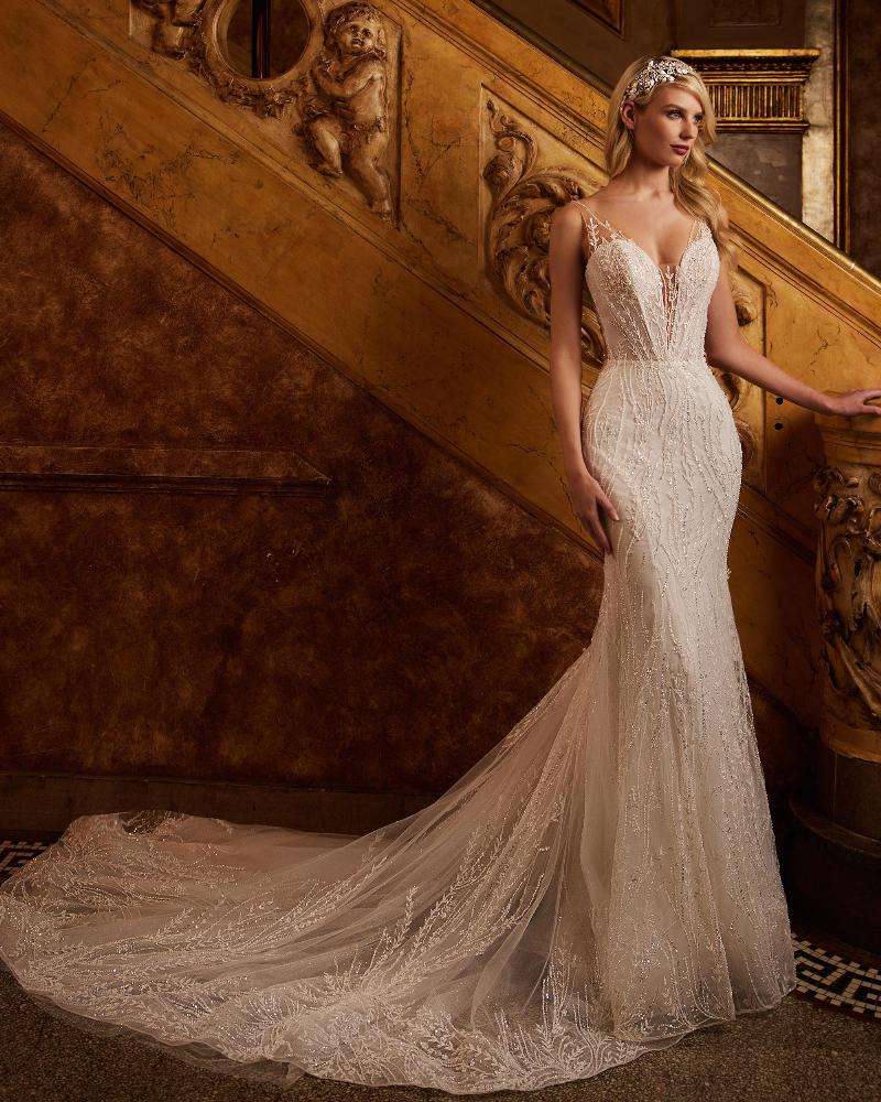122119 fitted beaded wedding dress with long train and tank straps3